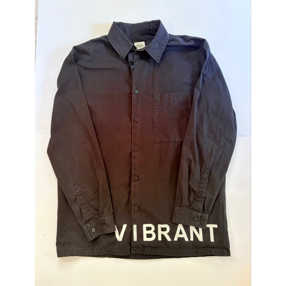 Zara Men’s Black Graphic Button Up Shirt Relaxed Fit Vibrant Optimism S